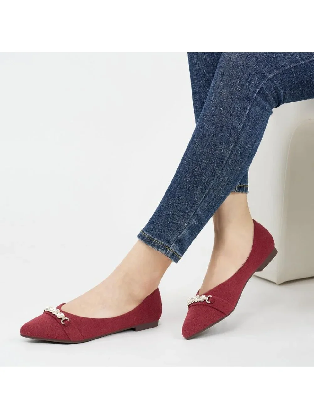 Women's Red Rubber Rhinestone Pointed Toe Flats Comfortable Slip On Shoes